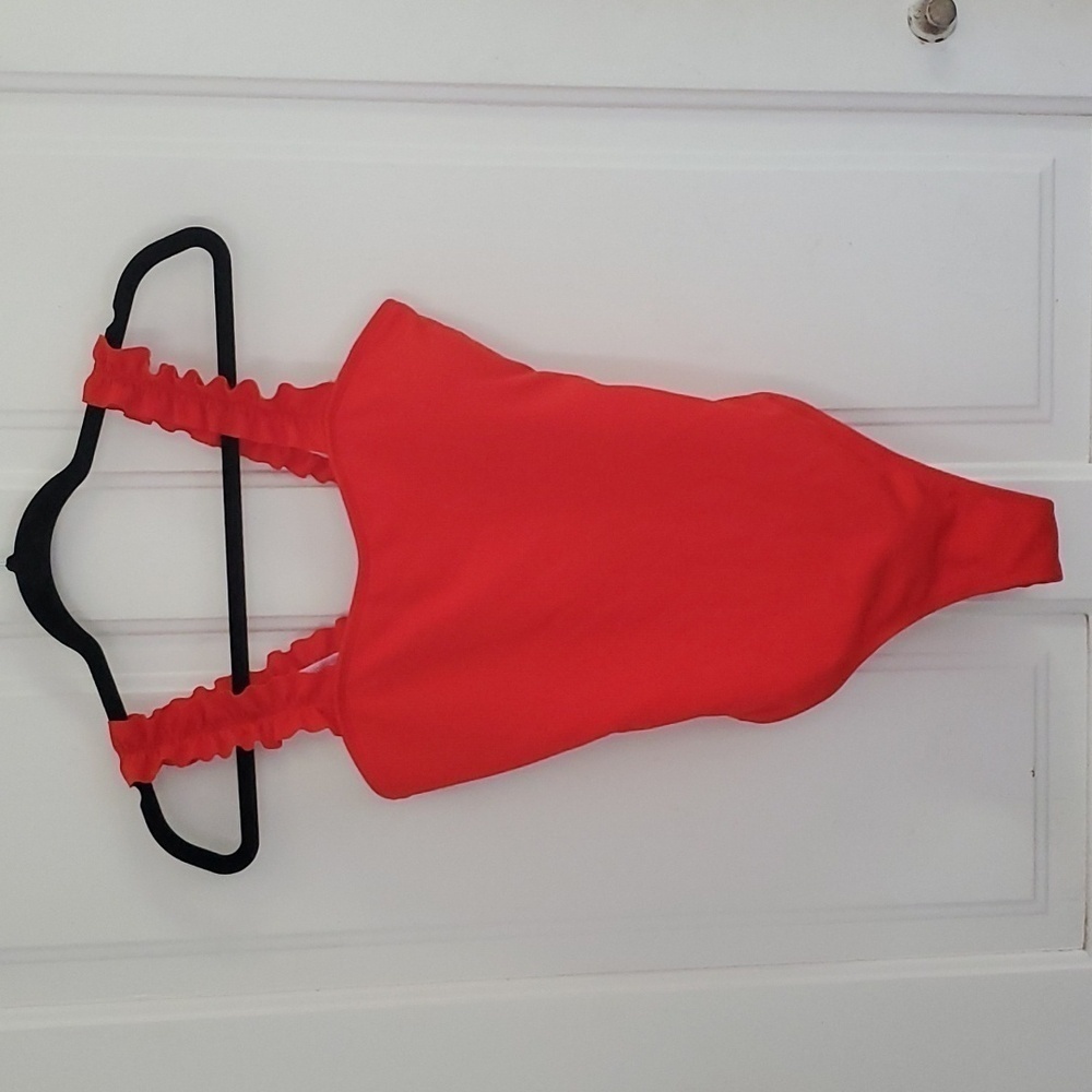 Red Ruffled Strap Ribbed Bathing Suit - Picture 1 of 6